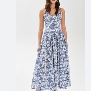 Caroline Constas Blue and White Patterned Maxi Dress